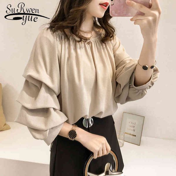 

women and blouse fashion chiffon long sleeve solid color female shirt plus size blusa 1012 40 210521, White