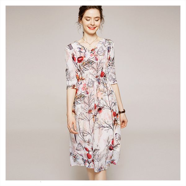 

dress 2021 summer women's v-neck printed short-sleeved slim-fit temperment mulberry silk, Black;gray
