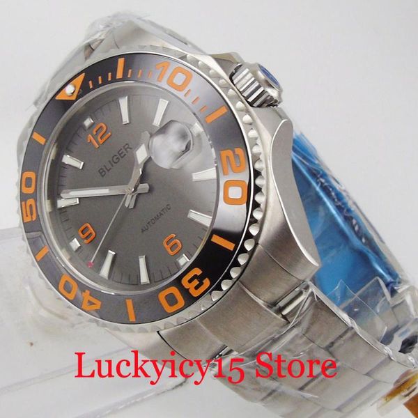 

wristwatches luxury male mechanical wristwatch grey orange marks steel 43mm case mental screw back unidirectional bezel sapphire glas, Slivery;brown