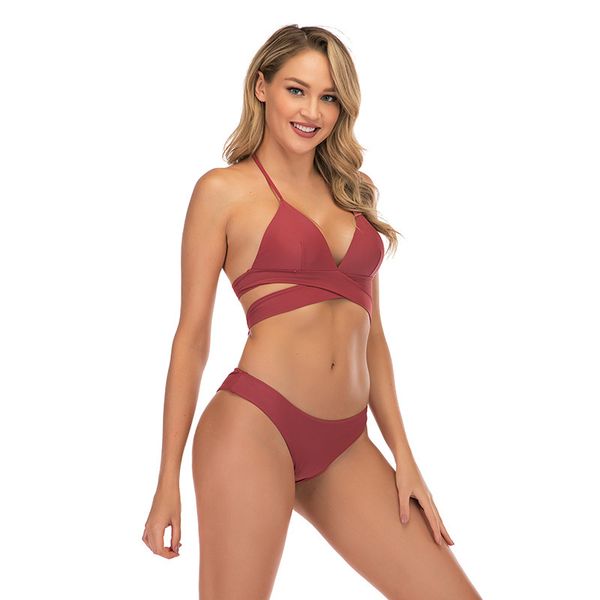 

swimwear 2-color 2021 solid color spinning strap women's split bikini, White;black