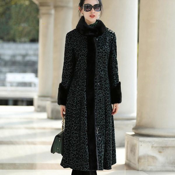 

women's leather & faux sheepskin genuine jacket plus size natural collar winter coat women xs18d18-60 yy760, Black