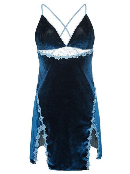

women's sleepwear 2021 velvet soft/comfortable nightdress lace suspender open back hollow low chest woman deep v side pajamas dress, Black;red