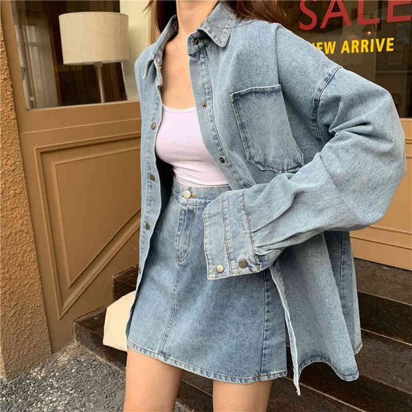 

two piece dress ladies denim shirt loose mid-length + skirt 2-piece set 4q9l, White