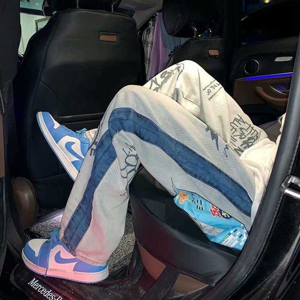 

fashion summer brand jeans men's korean loose floor long pants 2021 hip hop printed wide leg straight, Blue
