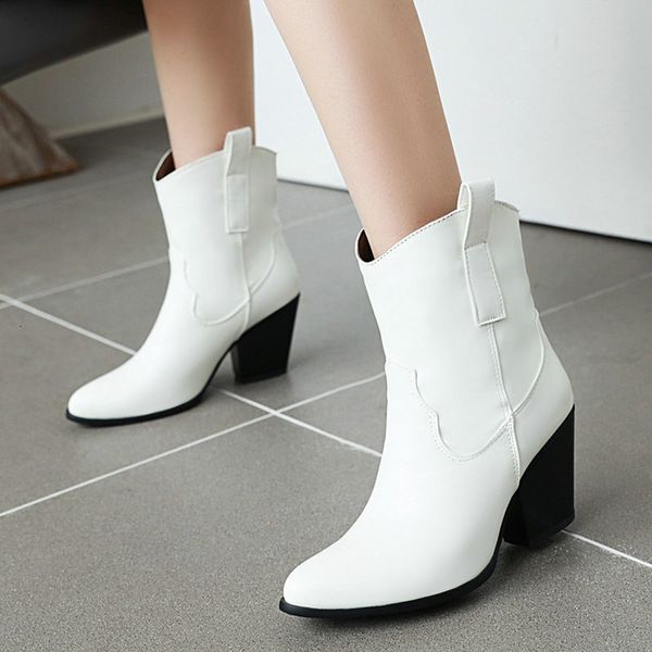 

dress shoes black white brown women boots autumn high heel ankle slip on winter plush western cowboy z221