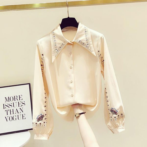 

women's blouses & shirts embroidery shirt 2021 spring autumn temperament lantern sleeve chiffon ladies loose elegant blouse blusas, White