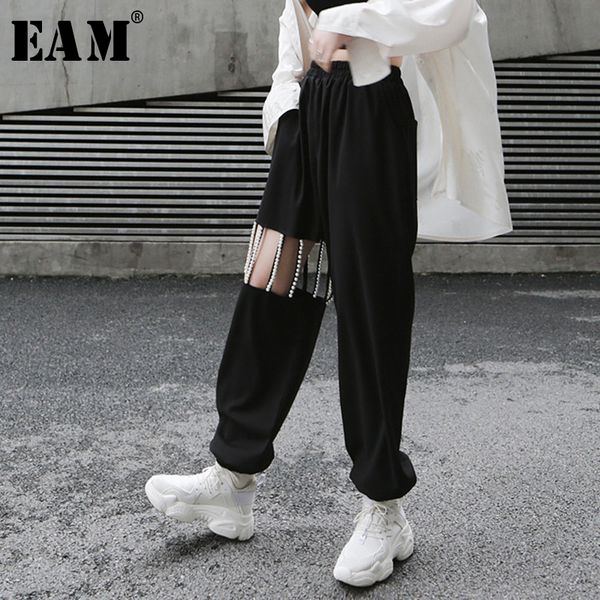 

[eam] new spring autumn high elastic waist loose pearls hollow out pockets long pants women trousers fashion tide jy775 210319, Black;white