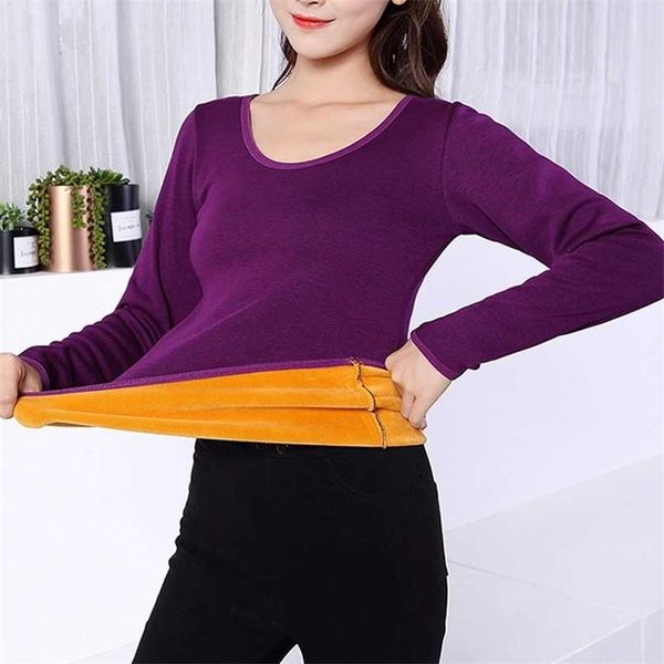 

2xl long sleeve single layer velvet thermal clothing for women winter underwear o-neck basic for thermos female second skin 211221, Black;pink