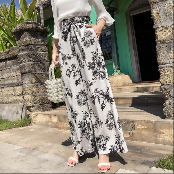 

womens pants holiday large size bohemia wide leg beach travel high help printing trousers drop, Black;white