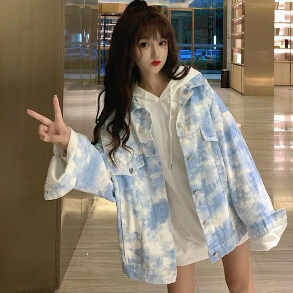 

women's jackets women basic tie dye single button turn down collar sweet loose preppy style korean ins cargo denim autumn fashion femal, Black;brown