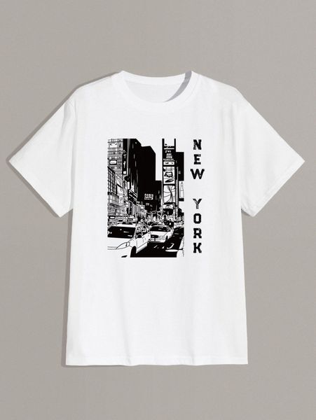 

romwe guys building & letter graphic tee e6kk#, White;black