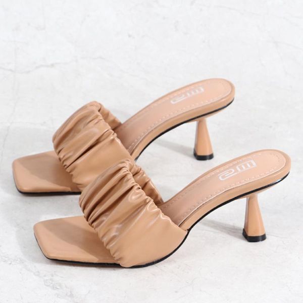 

slippers summer women 6cm high heels slides white brown mules low slip on leather stripe designer plus size outside shoes, Black