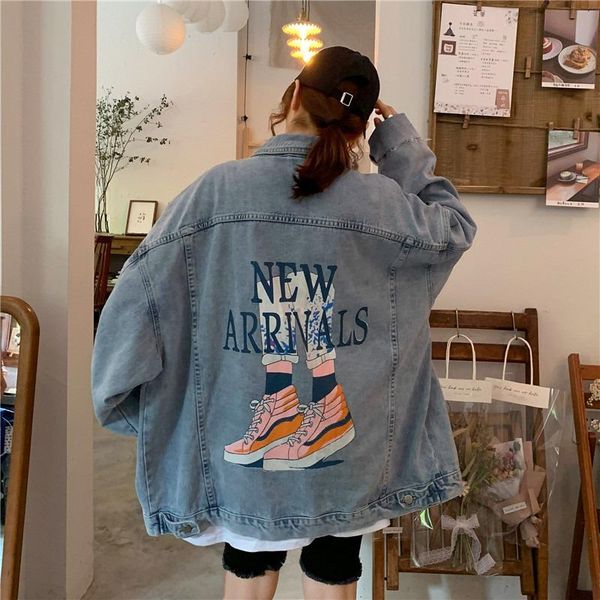

women's jackets denim jacket personality printing high street all-match loose korean version ins spring retro tooling female, Black;brown
