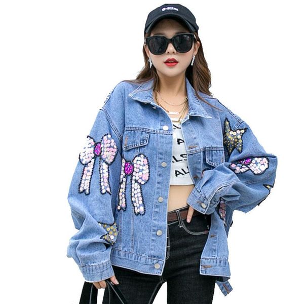 

women denim jacket 2021 cartoon printed coat with sequin female lapel single breasted zqy4931 women's jackets, Black;brown