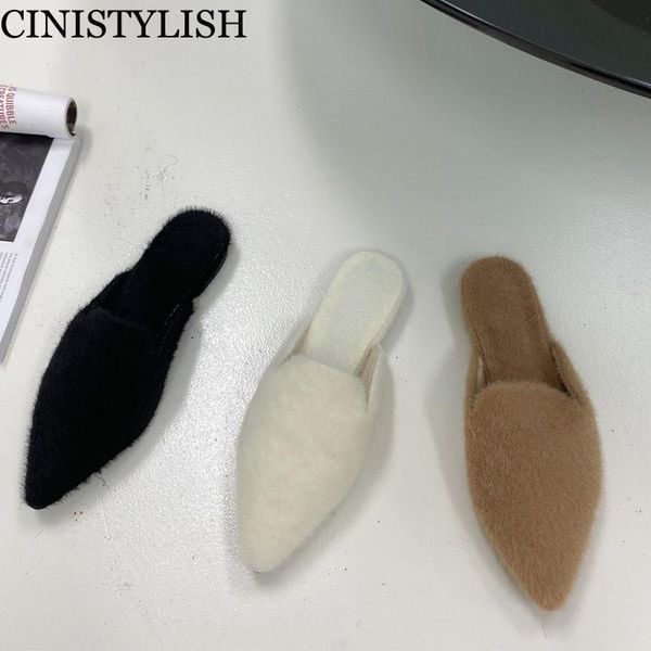 

women fur slippers slip on slides fashion plush mules pointed toe flat casual furry shoes 2021 outdoor design ladies female, Black