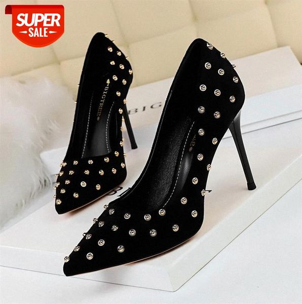 

825-6 european and american style fashion slim nightclub women's shoes high-heeled suede shallow mouth pointed metal rivet single #xf0x