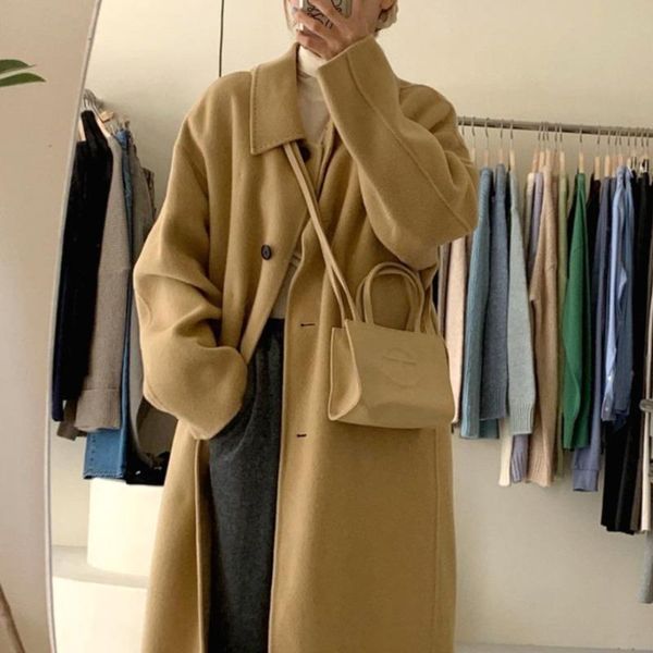 

women's wool & blends women 's coat winter korea retro single-breasted woolen lapel long sleeve female cloth autumn streetwear pok, Black