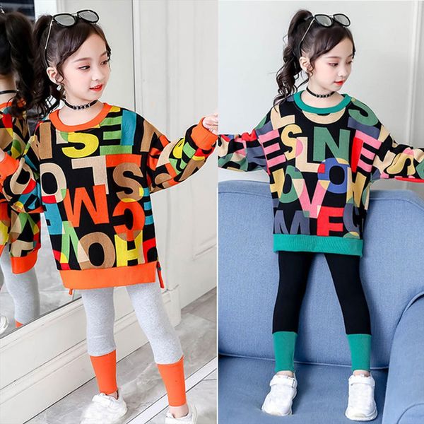 

4 13years children kids girls winter warm letter hoodie soild leggings set clothes sudadera nia casual sweater m5, White
