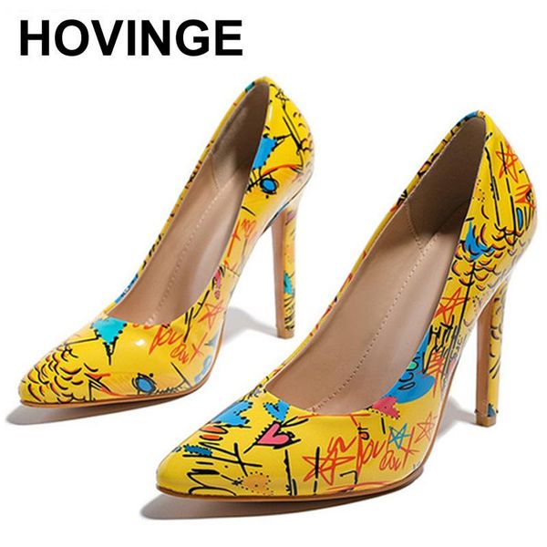 

dress shoes hovinge pump thin high heel pointed toe graffiti plus size ladies fashion super heels elegant women footwear, Black