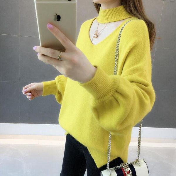 

women's sweaters peonfly fashion half turtleneck pullover sweater women 2021 winter korean loose long sleeve knit jumper female knitwea, White;black