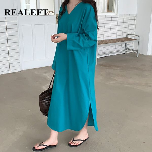 

autumn oversize cotton and linen dresses long sleeve v-neck vintage female casual side split loose dress 210428, Black;gray