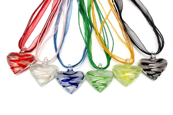 Großhandel 6colors Halsketten Schmuck Herz Murano Glas Anhänger Lampwork Seidenseil Halskette Mischfarbe