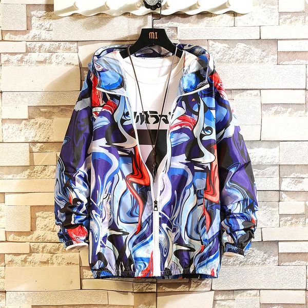 

fashion brand spring autumn men casual streetwear printing hoodie jacket sun protection mens windbreaker coat male outwea men's jackets, Black;brown