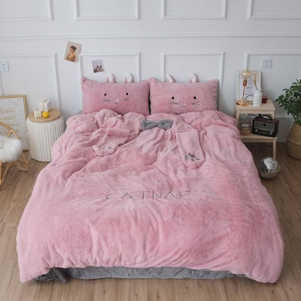 

bedding sets cute cat ears embroidery warm flannel fleece princess girl plush pillowcases set duvet sheet/linen cover short bed soft