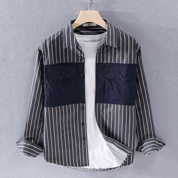

men's t-shirts japanese style long-sleeved casual fashion pure cotton shirts for men brand stripe patchwork shirt mens camisa chemise i, White;black