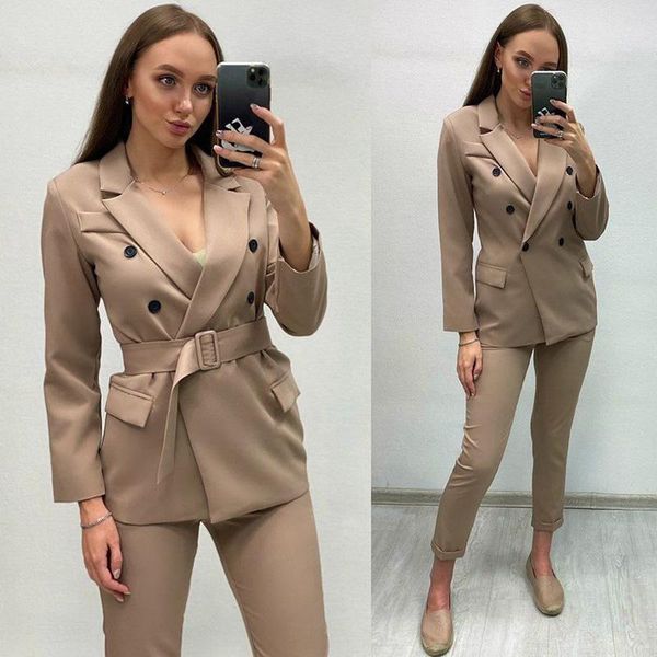 

fashion office lady double breasted blazers women elegant autumn tie belt waist jackets notched pockets suits ladies women's &, White;black