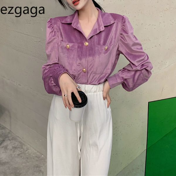 Ezgaga elegante camisas mulheres vintage manga longa giro colarinho moda solta sólida botão blusa roxo escritório senhora blusas 210430