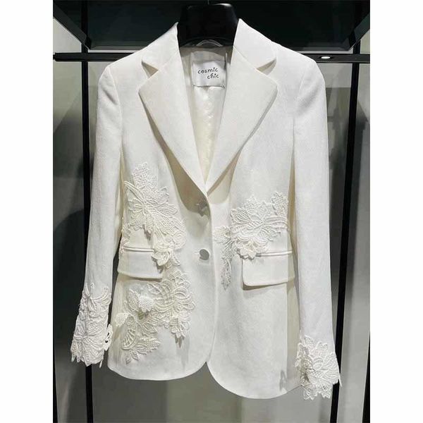 

women's suits & blazers cosmicchic 2021 autumn white suit women embroidered single breasted handmade appliques elegant turndown collar, White;black