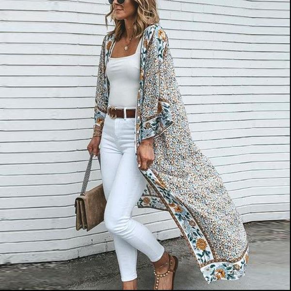 

kimono cardigan long vintage floral womens shirts print boho robe beach cover up summer wrap blusa, White