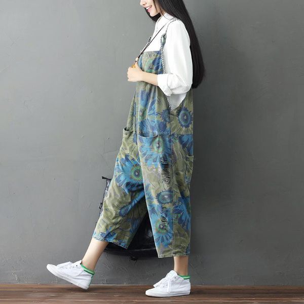 

women's pants & capris scuwlinen rompers 2021 women vintage print pockets loose cotton denim overalls casual bottoms pantalon femme ves, Black;white