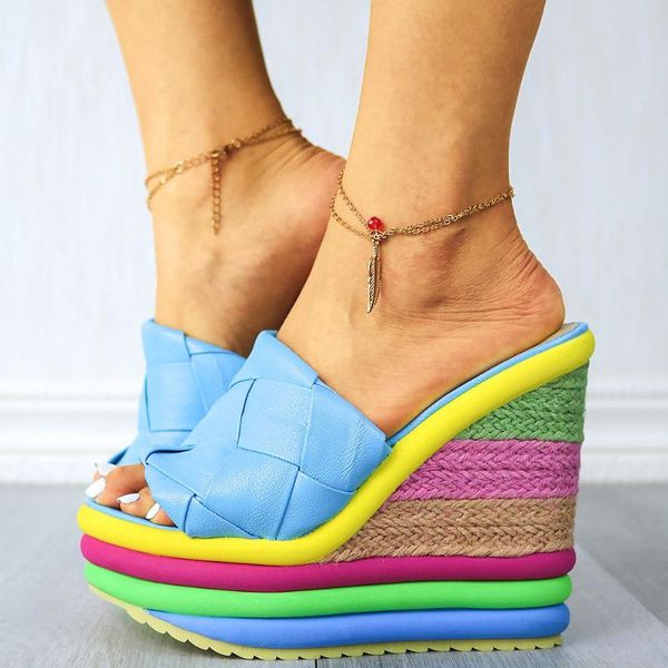 

plush size 43 female slippers colors solid slip on platform slipper women wedges casual comfy summer shoes woman, Black