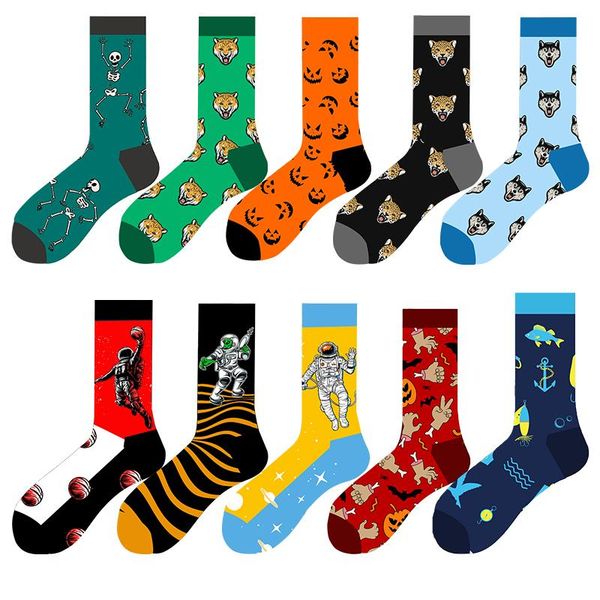 

men's socks rzhbro cotton colorful alien animal pattern sports men with print funny male sock size 39-45, Black