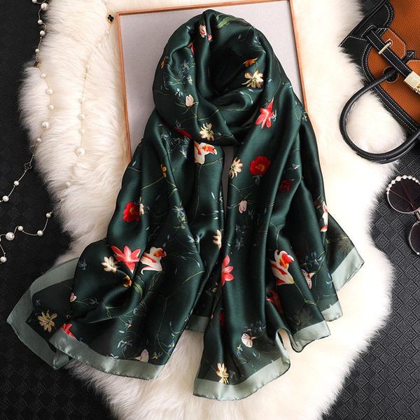 

scarves koi leaping style flower printed silk scarf female summer sunscreen shawl famous wind beach drop, Blue;gray