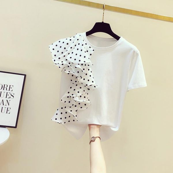 

superaen ruffled patchwork o neck t-shirt women's short sleeve fashion irregular 2021 summer loose top, White