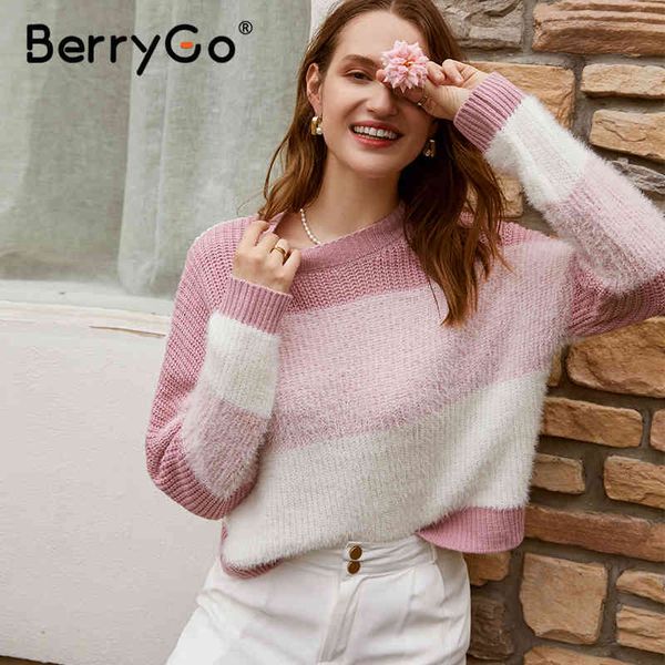 

berrygo autumn winter striped match women sweater knitwear long sleeve s pink casual female knitted 210513, White;black