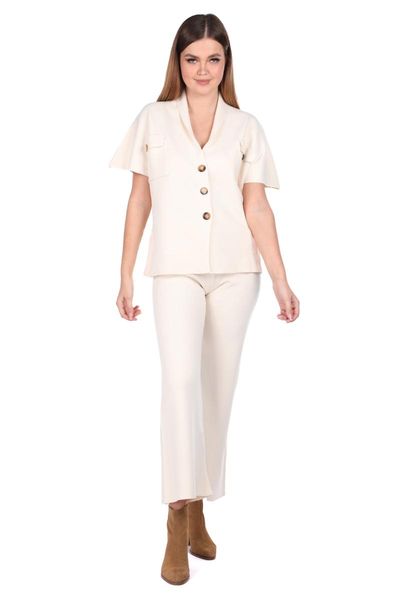 

women's two piece pants steel knitted ecru blouse women knitwear suit, White