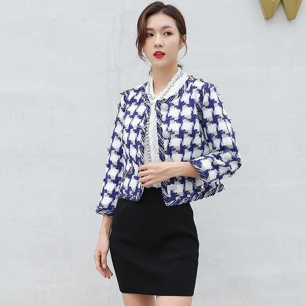 

women's jackets style celebrity small fragrant rough tweed thousand bird check harbor long sleeve short coat female, Black;brown