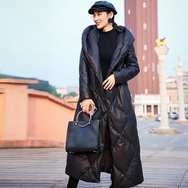 

women's leather & faux the winter 2021 haining hooded jacket down female with long thickening fashion, Black