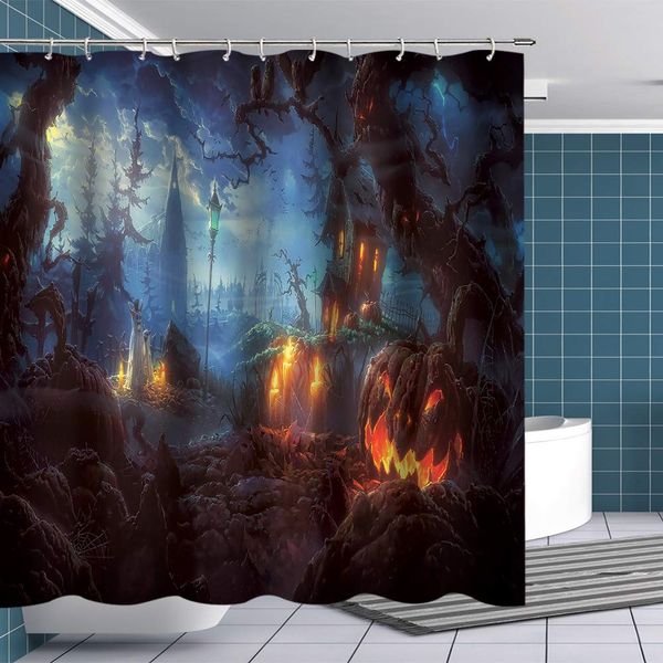 

halloween shower curtain horror pumpkin lamp mysterious forest room decoration waterproof bathroom curtain with hooks fabric