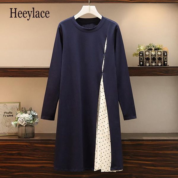 

plus size ladies casual dress 2021 fashion side split polka dot print o-neck autumn long-sleeved loose dresses women robe, Black;gray