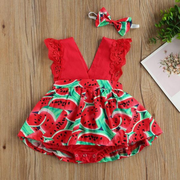 

jumpsuits baby watermelon print clothes set, girls sleeveless deep v-neck short jumpsuit + bow-knot headband summer set, Blue