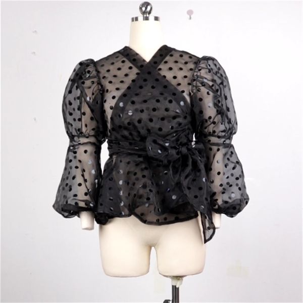 

polka dot women see through blouse plus size plied vintage puff sleeves fashion shirt spring party 545m, White