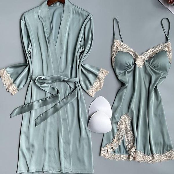 

women's sleepwear wedding robe set lace women bride bridesmaid nightgown v-neck satin nightdress loose home clothing, Black;red