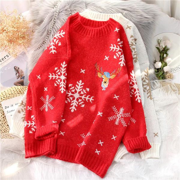

women's sweaters ebaihui women sweater o-neck christmas thick warm jumper snowflake deer print knitted pullover baggy knitwear female c, White;black
