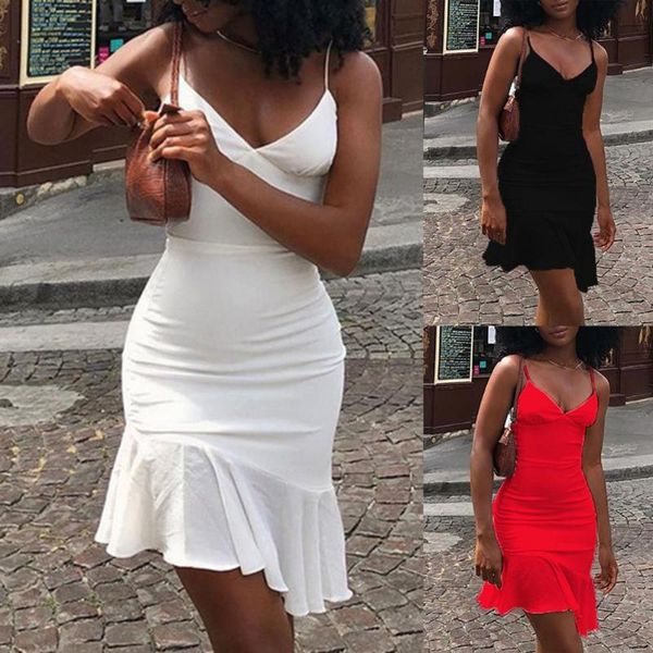 

casual dresses elegant v-neck women's summer dress with ruffled straps tight 2021 sleeveless club ladies retro party white, Black;gray