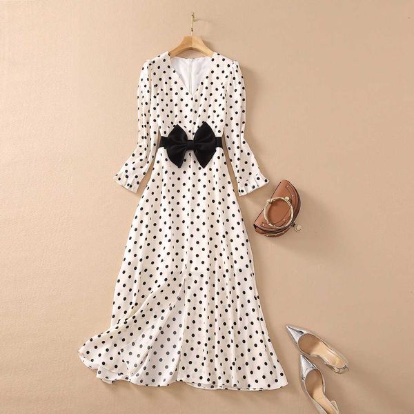 

spring est fashion women's elegant bow v-neck polka dot print split long dress 210526, Black;gray